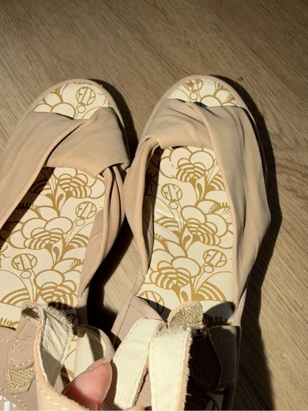 Fly London Yesh Neutral Tan Wedge Sandals with Adjustable Ankle Strap